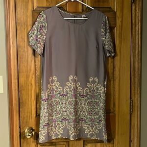 Gray boutique brand dress with faux embroidery or needlepoint print